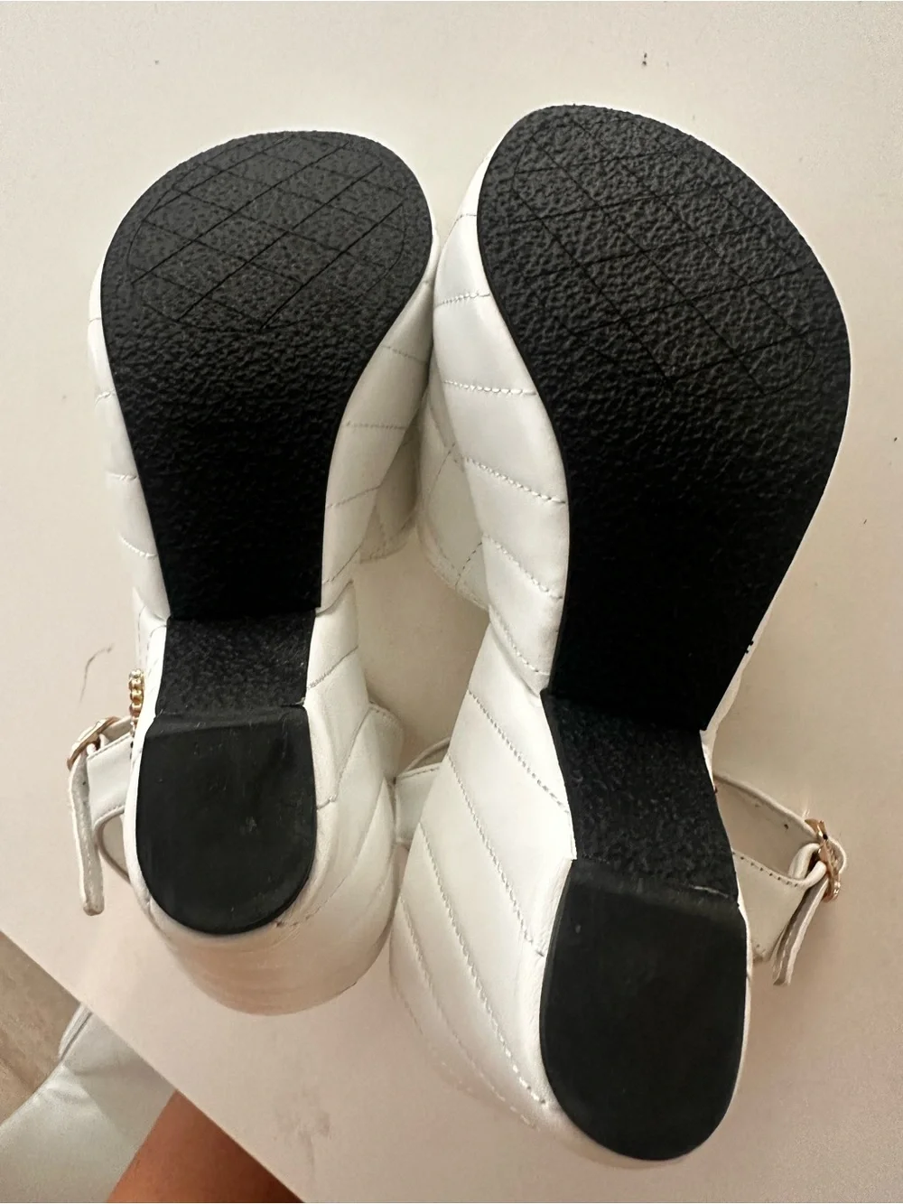 CHANEL White Quilted Leather Slingback Block Heel Sandals